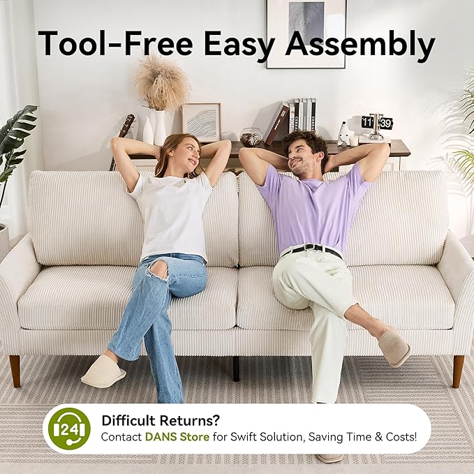 88" Loveseat Sofa, Comfy White Corduroy Couches for Living Room, Modern Oversized Love Seat Sofa, Tool-Free Setup Large Couches for Bedroom Office