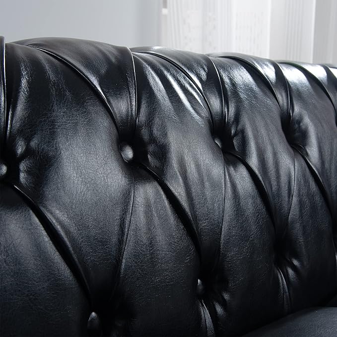 ERYE 84.5-Inch Classic 3 Seat Chesterfield Sofa Couches for Living Room Bedroom, 3 Seaters Button Tufted Faux Leather Upholstered Chesterfield Sofa Couch,Wood Legs | Button Tufted, Easy to Assemble, Nailhead, Removable Cushion
