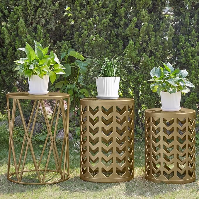 Y&M Set of 3 Gold End Tables, Nesting Metal Round Coffee Table, Heavy Duty Metal Plant Stand Garden Stool, Outdoor Multifunctional Use - Image 4