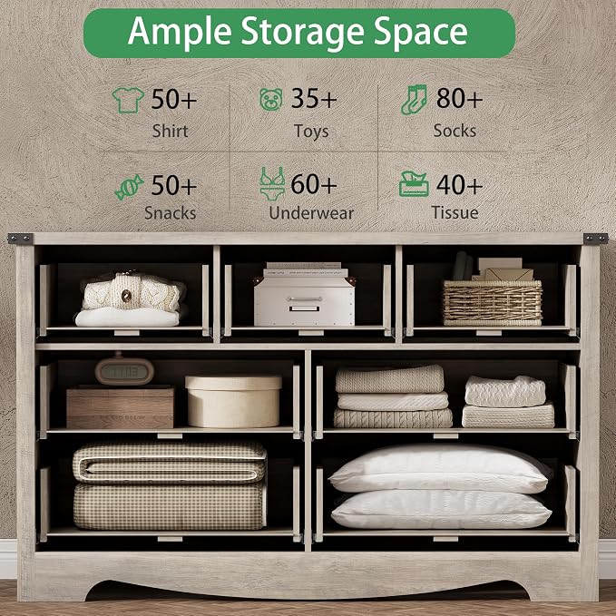 Dresser for Bedroom with 7 Drawers, 58" Wide Wood Chest of Drawers with Deep Drawers & Mental Handle, Modern Dresser TV Stand, Wooden Closet Storage Organizer for Living Room, Hallway, Entryway, Grey - Image 4
