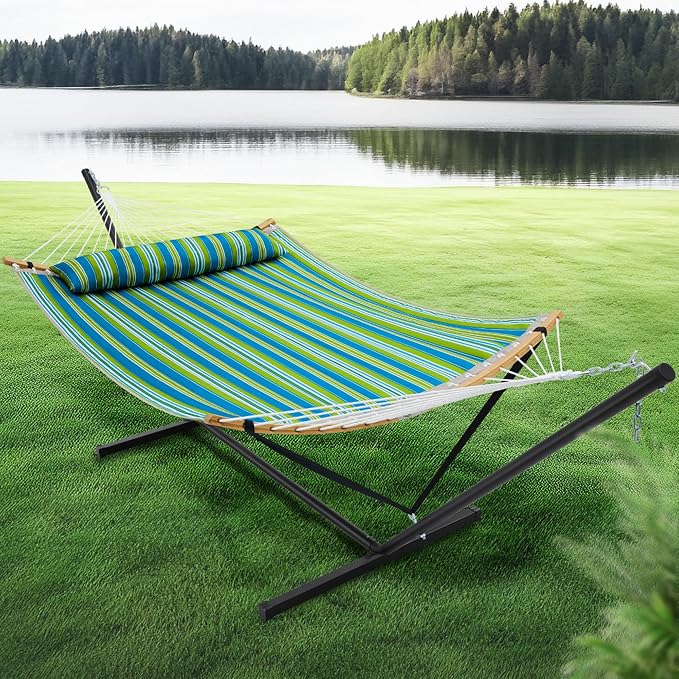 SUPERJARE Curved-Bar Hammock with Stand, 2 Person Heavy Duty Hammock Frame, Detachable Pillow & Portable Carrying Bag, Perfect for Outdoor & Indoor, Thin Blue and Green Stripes - Image 2