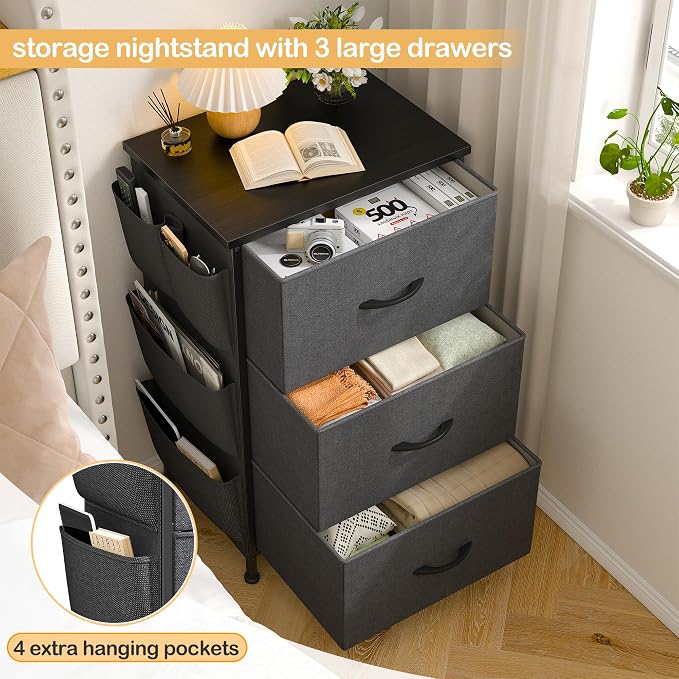 Tall Nightstand, Night Stand with Drawers for Bedroom, Bedside Table with Wooden Top, Sturdy Steel Frame End Table, Dorm Nightstand for Bedroom, Entryway, Hallway, Closet, Cloth Bags, Hooks, Grey - Image 4