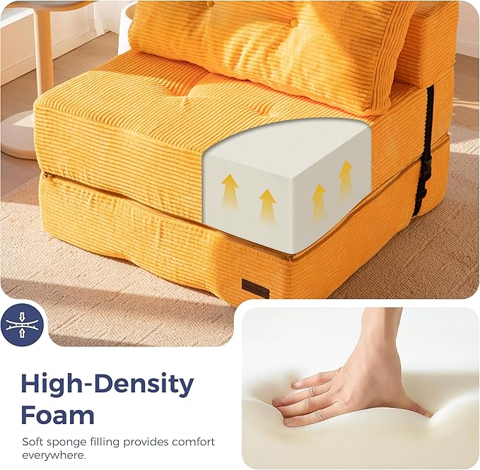 MAXYOYO Folding Sofa Bed, Convertible Sofa Bed with High-Density Support Foam, Portable 4 in 1 Fold Out Chair to Floor Lounger, Versatile Floor Couch for Living Room Bedroom, Orange