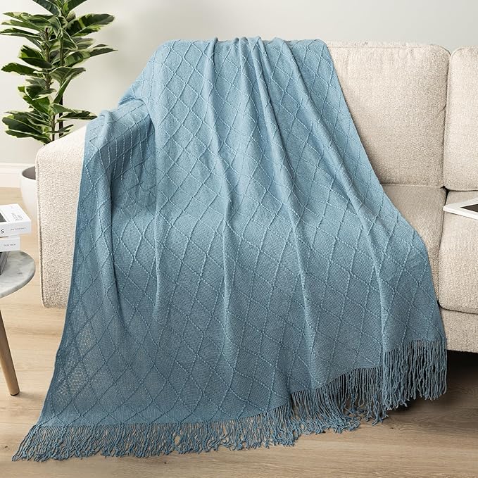 PAVILIA Dusty Blue Knit Throw Blanket for Couch, Twin Bed, Soft Knitted Farmhouse Sofa Throw for Living Room, Lightweight Decorative Summer Blanket for Chair, Outdoor Textured Boho Blanket, 60x80