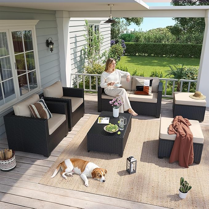 Aoxun 7 Piece Outdoor Patio Furniture Set 6 Seats, Outdoor Sectional with Thick Waterproof Cushions & Storage Coffee Table, Patio Conversation Sets for Garden,Backyard, Porch, Balcony, Deck, Beige