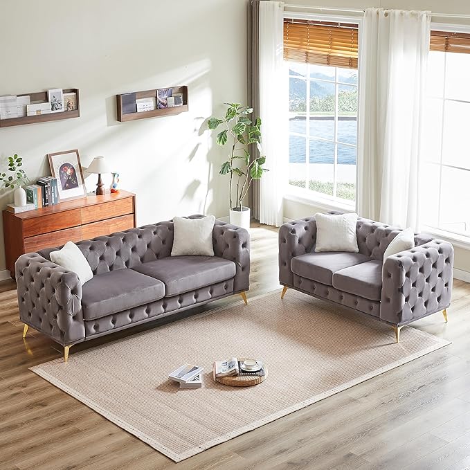 KEIKI 2-Piece Luxury Chesterfield Sofa Set with 1 Velvet 3-Seater Sofa & 1 Loveseat Sofa, Mid-Century 5-Seater Tufted Button Couch Set with 4 Pillow & High-Density Foam Cushion, for Living Room, Gray