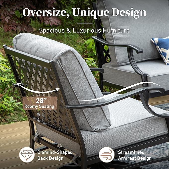 6 Piece Metal Outdoor Patio Furniture Set, Patio Conversation Sets 1 3-Seater Sofa, 2 Swivel Chair, 2 Leg Chair with 5.75" Thick Cushion and Coffee Table, Backyard Furniture Set, Gray