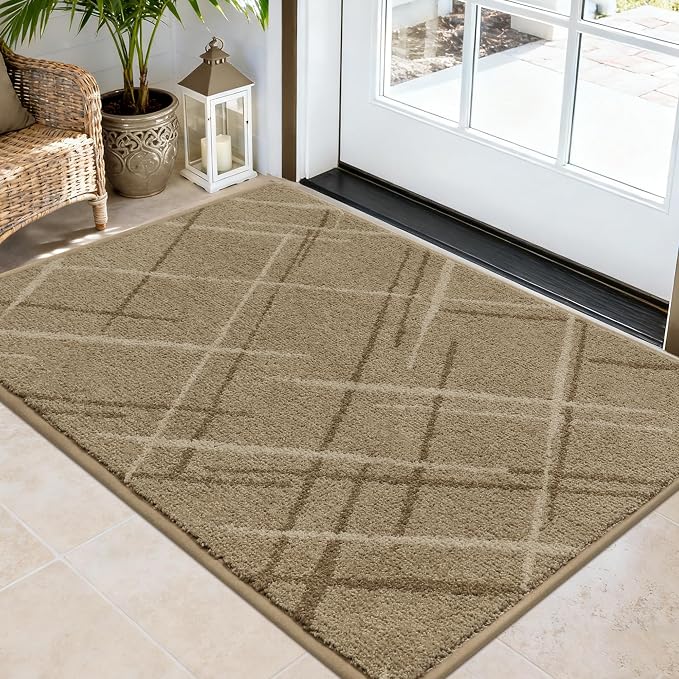 COSY HOMEER Front Door Mat Low Profile Non-Slip Doormat for Entryway, Absorbent Dirt Trapper Washable Entrance Mat, Sturdy Polyester Doormats (36"x24", Beige) by COSYHOMEER