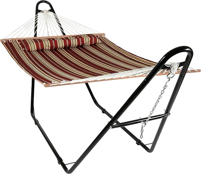Sunnydaze Double Quilted Fabric Hammock with Universal Steel Stand - 450-Pound Capacity - Black Stand - Red Stripes - Image 10