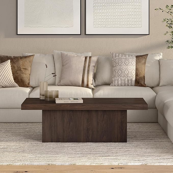 Henn&Hart 48" Fluted Low-Profile Coffee Table with Ribbed Base for Living Room, Family Room, or Office, Warm Brown