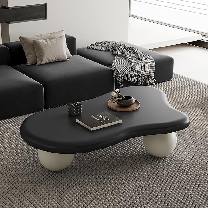 47" Irregular Coffee Table Cloud Coffee Table for Living Room Modern Low Coffee Tables Cute Small Center Table with 3 Ball Legs for Small Space Apartment Black & White