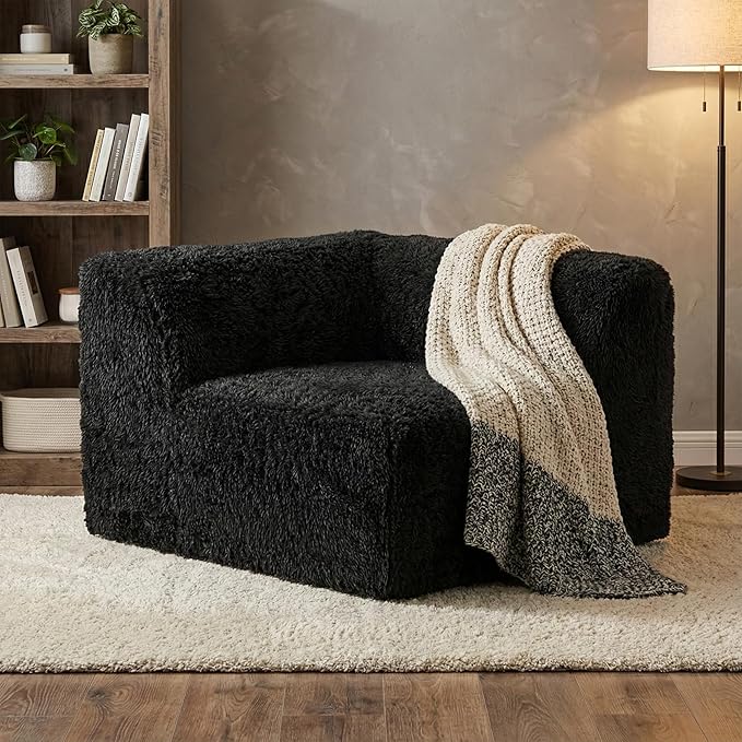 Furniture of America Havyn Modern Faux Fur 1-Seater Modular Foam Sofa Chair with Curved Arm & Deep Seat, Compressed Couch in a Box, No Assembly Required, for Living Room and Office, Black