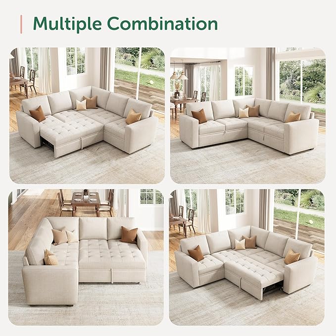 HONBAY Modular Sectional Sofa with Pull Out Bed Convertible L Shaped Couch with Storage Seat Sleeper Sectional Couches for Living Room,Mid Beige