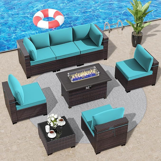 8 Pieces Outdoor Patio Furniture Set,Outdoor Sectional Furniture with 43" 55000 BTU Gas Propane Fire Pit Table,All Weather PE Rattan Wicker Patio Conversation Set,Turquoise Blue