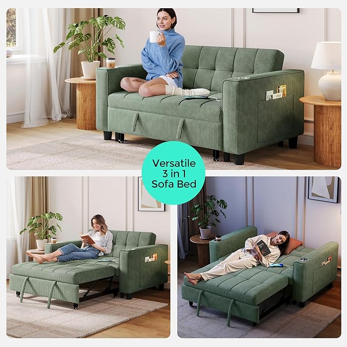 LINSY 54" Pull Out Couch with Charging Station - Sleeper Sofa Bed with Cup Holder, Small 3 in 1 Convertible Loveseat Sleeper Couch for Apartment, Dorm Room, Bedroom and Small Space, Olive Green