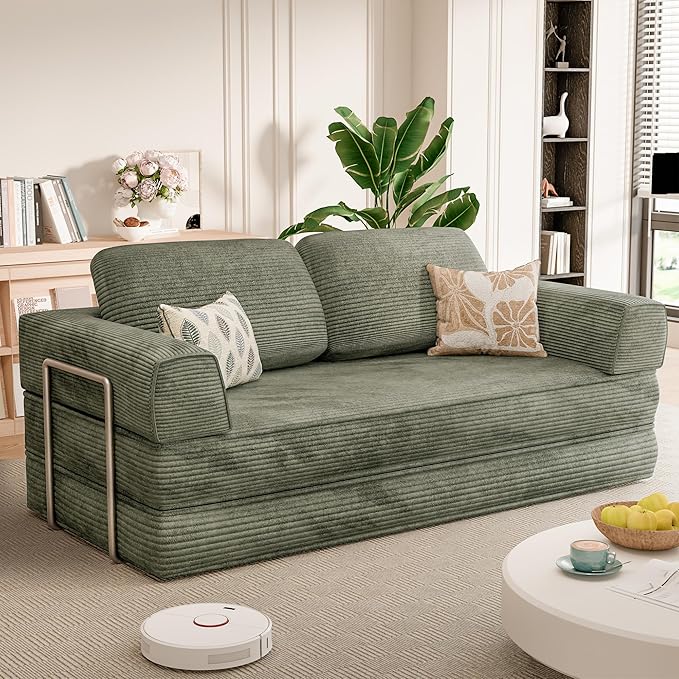 Homall 4-in-1 Convertible Sofa Bed, Oversized Boneless Couch with 4 Frame Kits and Removable Armrests, Corduroy Sleeper Sofa with 2 Pillows for Small Space, No Assembly Required (Green)