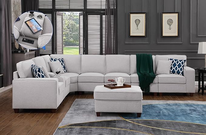 ERYE 151-Inch U-Shaped Sectional Sofa Linen Upholstered Corner Convertible Sectional,9 PCS Modular Couch with Ottoman,Storage Console, Cupholders and Charging Station