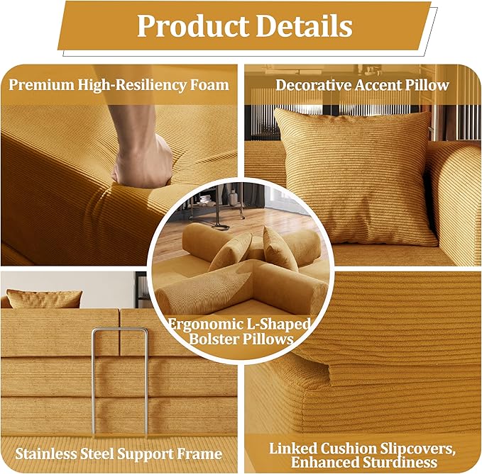53.15'' Convertible Compressed Corduroy Folding Sofa Bed, Modern Boneless Pull Out Loveseat Sleeper in a Box, 4 in 1 Floor Mattress Futon Cloud Couch, No Assembly Needed, Yellow, 2 Pillows, Full