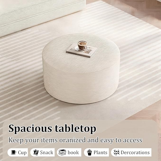 Coffee Table 32”Ottoman for Couch Plush Corduroy Memory Foam Footstool Cloud Boneless Sectional for Living Room Round Side Table Cushiong No Assembly Makeup Desk (Beige, 32")