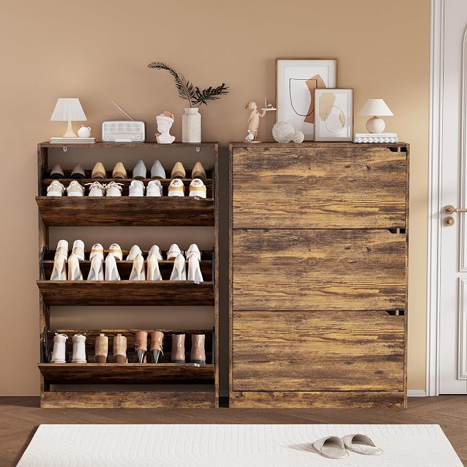Shoe Storage Cabinet, Wood Shoe Organizer for Entryway with 3 Flip Drawers, Freestanding Shoe Rack w/h Adjustable Shelf,Narrow Shoe Dresser for Front Door Entrance(Brown, 47.2" x 31.5" x 9.25") - Image 3