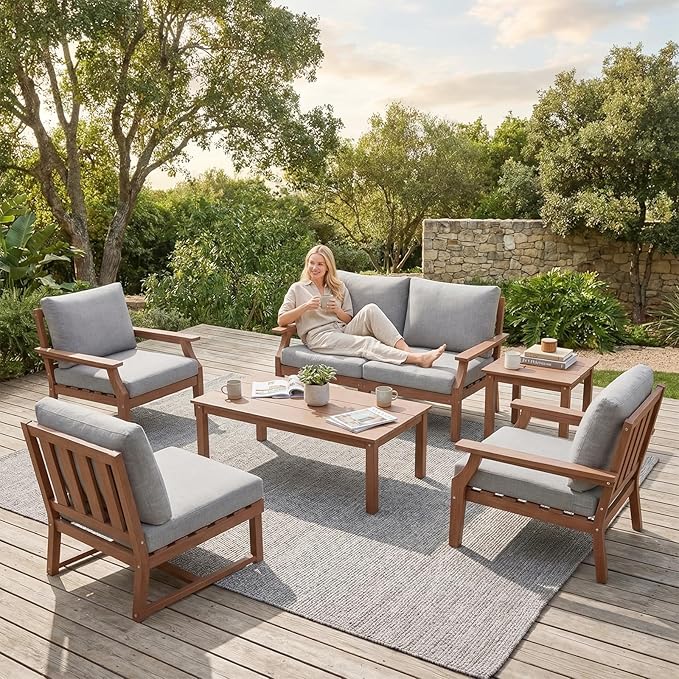 HDPE Patio Conversation Set, 7-Piece All Weather Outdoor Furniture Set with 2 Single Armchairs for Deck, Lawn, with Cushion, Brown
