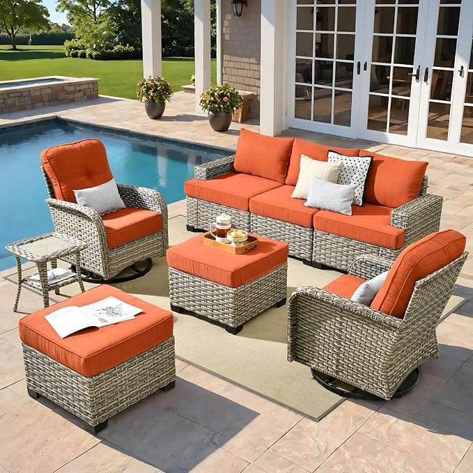 ovios 8 Piece Patio Sectional Furniture with Swivel Rocking Chairs, Rattan Wicker Coversation Set with Glowing Coffee Table, Outdoor Sofa Set for Outside Porch Balcony Backyard Pool, Orange