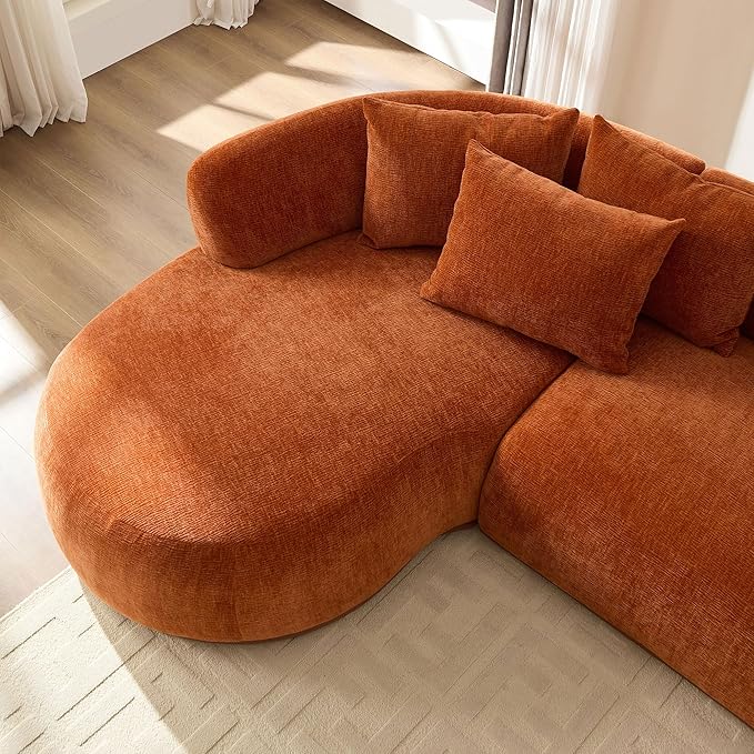 KEIKI 135" L-Shaped Oversized Boucle Sectional Sofa with Left Chaise, Modern 5-Seater Polyester Curved Couch with PU Leather Base, 1 Ottoman & 6 Pillows, No Assembly Required, for Living Room, Orange