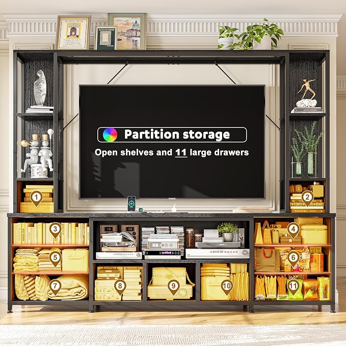 EnHomee 65" TV Stand for Living Room, Large Entertainment Center with 11 Fabric Drawers, 2 LED Lights & Power Outlets, Modern Dresser with Storage Shelves, Wall Unit for Bedroom, Black - Image 4