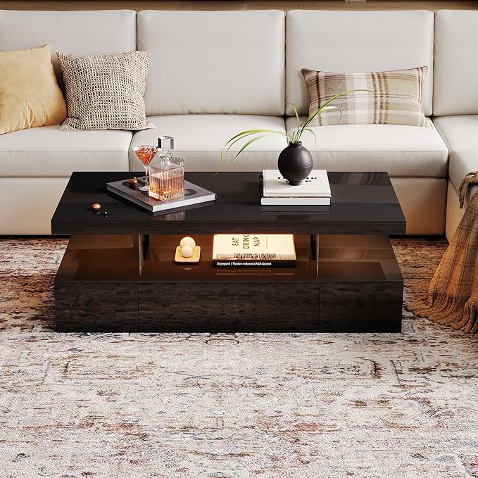 ChooChoo Modern LED Coffee Table, High Glossy Center Table with Drawer, Black Coffee Table with Storage for Living Room, Bedroom