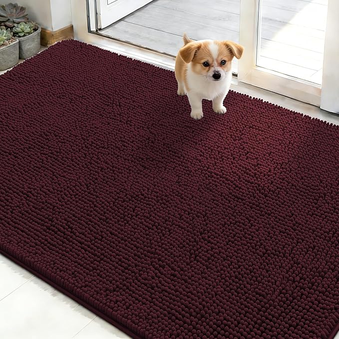 OLANLY Dog Door Mat for Muddy Paws 48x30, Absorbs Moisture and Dirt, Absorbent Non-Slip Washable Doormat, Quick Dry Chenille Mud Mat for Dogs, Entry Indoor Entryway Carpet for Inside Floor, Russet by OLANLY