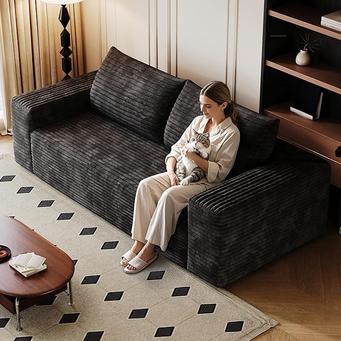 3 Seater Couch for Living Room, 71.3 INCH Fluffy Corduroy Boneless Couch Cloud Loveseat with Wide Armrest, Upholstered Floor Sofa in A Box, No Assembly Required