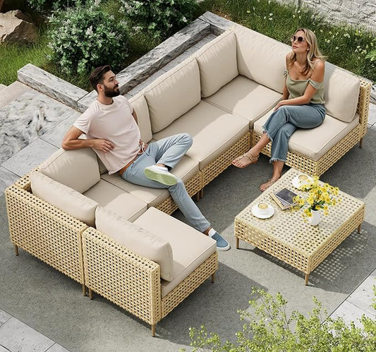 LHBcraft 7-Piece Wicker Outdoor Patio Furniture Set, Modular Rattan Outdoor Furniture, Patio Conversation Sets, Handmade Rattan, Water Resistant Fluffy Cushions and Coffee Table, Beige