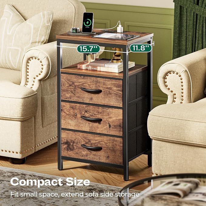 Huuger Night Stand with Charger Station and LED Lights, 3 Drawer Nightstand, Bed Side Table with Open Shelf, End Table, Tall Fabric Dresser for Bedroom, Rustic Brown - Image 8
