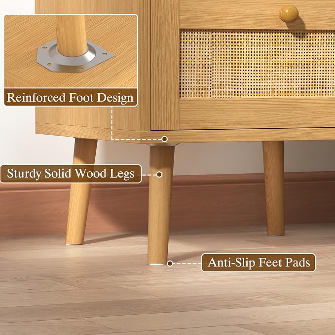 Nightstands Set of 2, Small Night Stands with Charging Station, Wood Rattan Bed Side Table Sets with 2 Drawers & Solid Wood Legs,Boho End Tables for Bedroom, Living Room, Sofa,Small Space - Image 6