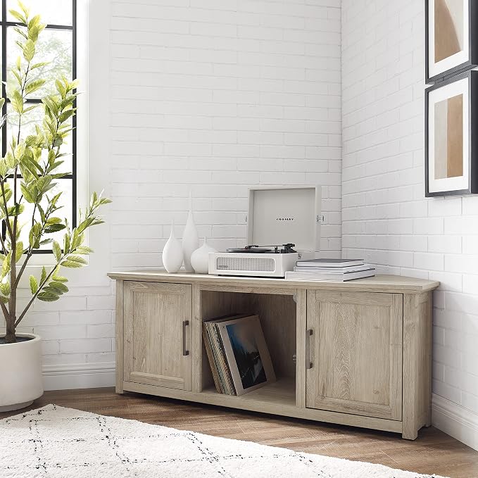 Crosley Furniture Camden Corner TV Stand for 65+ inch TVs, Entertainment Center with Storage Shelves, Frosted Oak - Image 9