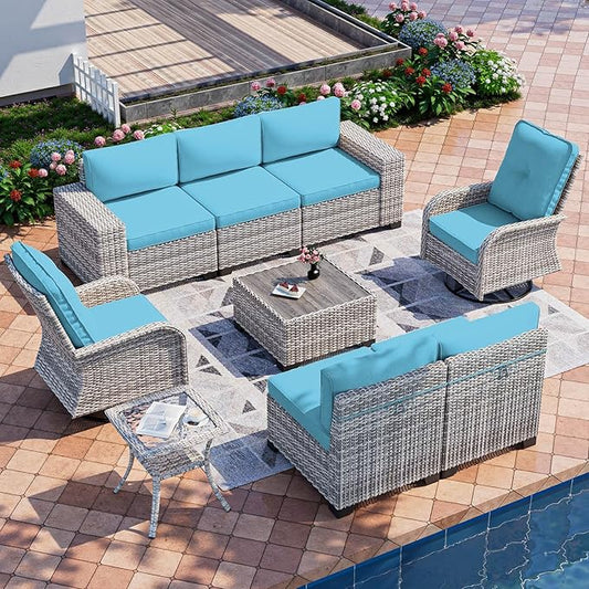 9-Piece Outdoor Patio Furniture Set with Rocking Swivel Chair Wicker Sectional Sofa Set, Patio Conversation Set with Thickened Cushions & Coffee Table for Garden, Backyard, Turquoise