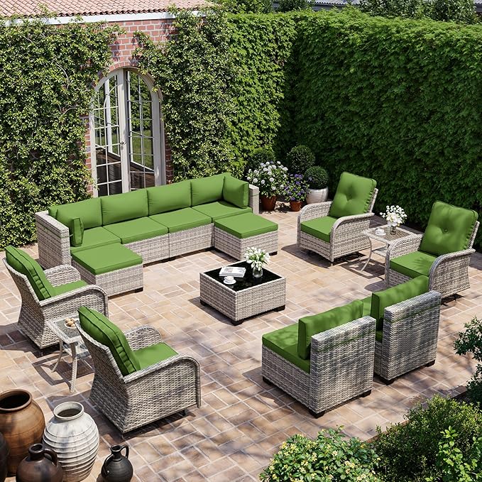 15-Piece Outdoor Patio Furniture Set with Rocking Swivel Chair, Wicker Rattan Sectional Sofa Conversation Set with Tempered Glass Table with Ottomans, Backyard Furniture, Avocado Green