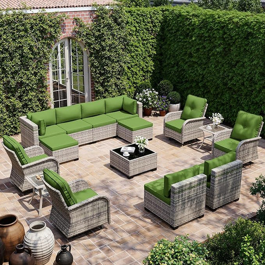 15-Piece Outdoor Patio Furniture Set with Rocking Swivel Chair, Wicker Rattan Sectional Sofa Conversation Set with Tempered Glass Table with Ottomans, Backyard Furniture, Avocado Green