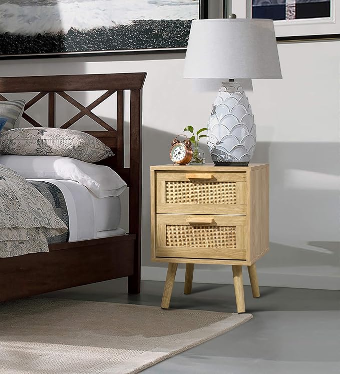 Finnhomy Nightstand, End Table, Side Table with 2 Hand Made Rattan Decorated Drawers, Wood Accent Table with Storage for Bedroom, Natural (Patented) - Image 6