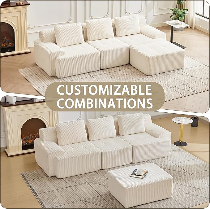 105.8'' Modular Sectional Sofa with Movable Ottoman, 3 Seat Deep Seat Couch with 3 Pillows, Comfy Cloud Sectional Sofa for Living Room, Bedroom (White, 1 Left+1 Right+1 Middle+1 Ottoman)