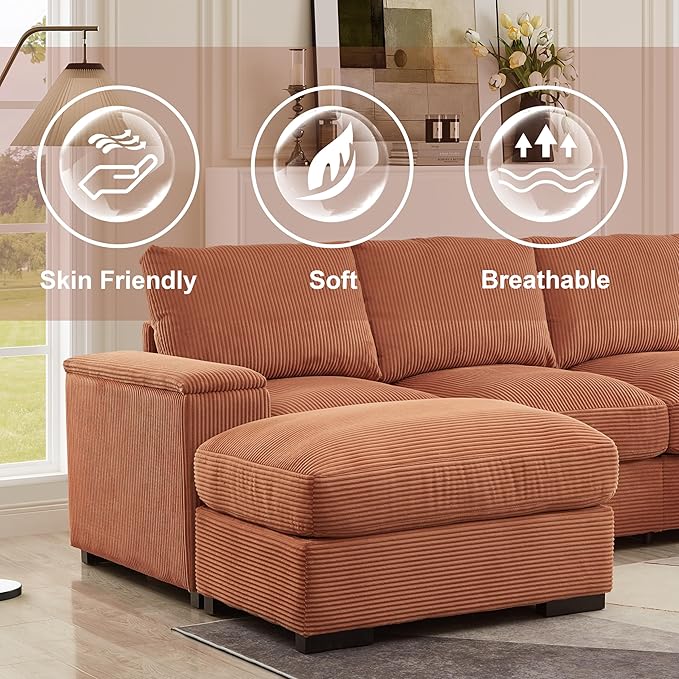 122" Oversized Modular Sectional Sofa Cloud Couch with 2 Ottomans, Comfy Corduroy Upholstered Deep Seat Large U Shaped Lounge Sofa&Couches with Hidden Arm Storage Box