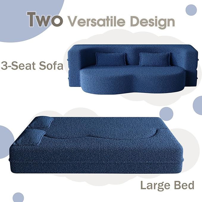 78" Convertible Sofa Bed, 2-in-1 Folding Floor Couch with 2 Pillows, Sleeper Sofa for Living Room and Bedroom, No Assembly Required (Blue, Teddy Fabric)