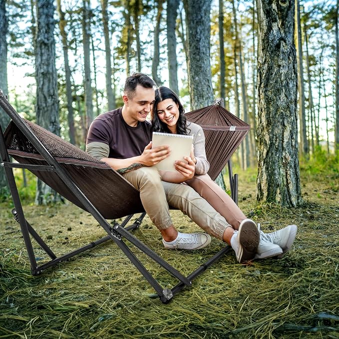 Tranquillo Universal Double Hammock with Stand Included for 2 Persons/Foldable Hammock Stand 600 lbs Capacity Portable Case - Inhouse, Outdoor, Camping, Brown - Image 7