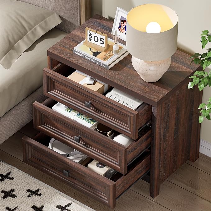 Farmhouse Walnut Nightstand, Large Nightstand with 3 Drawers, Wood Night Stand for Bedroom, Modern End Table for Living Room Closet, 26.7” Wide with Metal Knobs - Image 6