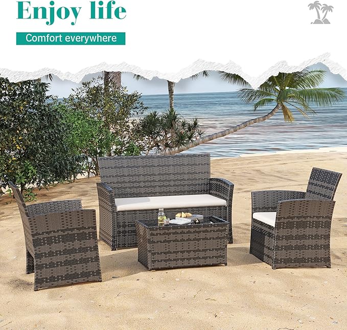 4 Piece Outdoor Patio Furniture Set, All-Weather Wicker Conversation Sets Include Coffee Table, Armchair, Loveseat, Sectional Furniture for Indoor Outdoor Backyard Pool Garden (Gray & Beige)