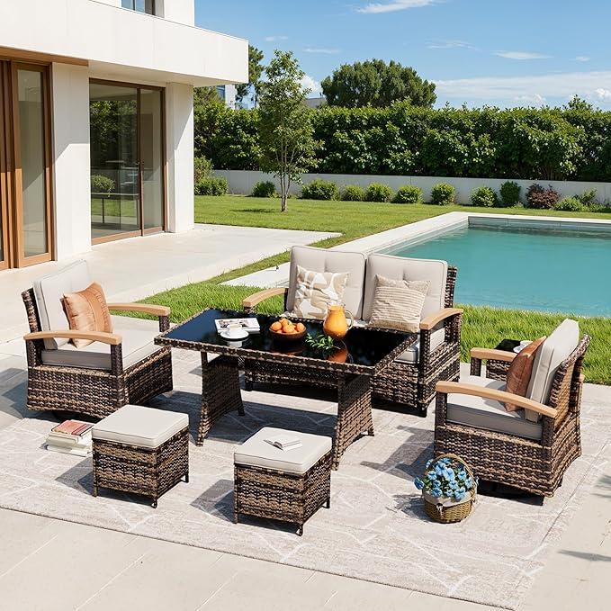 MEISSALIVVE 7 Pieces Patio Furniture Sets, PE Wicker Outdoor Conversation Sets with 2 Wood Armrests Swivel Rocker Chairs, 2 Ottomans,2-seat Sofa and Dining Table (Beige)