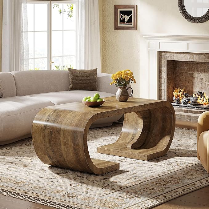 Tribesigns Farmhouse Coffee Table, 47" Heavy Duty C-Shaped Center Table with Curved Base, Large Tea Table for Living Room, Entertainment Room, Home Office, Rustic Brown