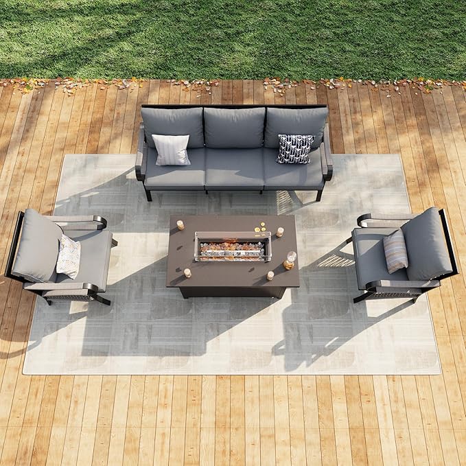 4 Pieces Patio Conversation Sets, All Weather Metal Outdoor Furniture Set 3-Seater 2 Single Chairs with Fire Pit Table for Backyard Garden Deck Porch Poolside, Gray