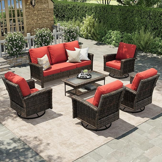 HERA'S HOUSE Red Patio Furniture Set, 35" High Back Swivel Chair with 5.5" Thick Cushions, Oversized Outdoor Wicker Conversation Set for Deck Garden Poolside Backyard Lawn