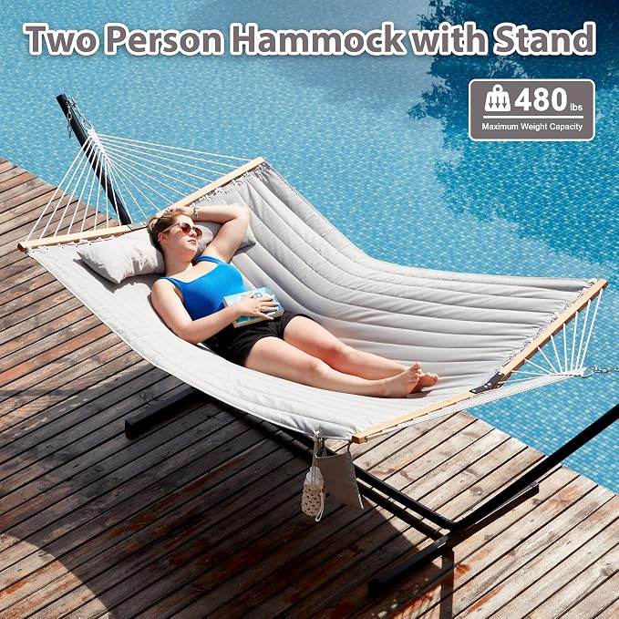 Homgava Two Person Hammock with Stand for Outside Heavy Duty, Outdoor Patio Hammock with Portable Steel Stand, Large Double Hammocks,480lbs Capacity.(Middle Grey) - Image 2